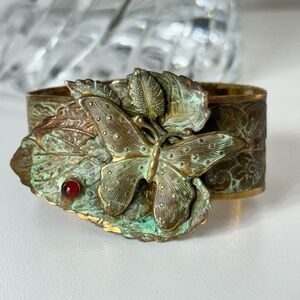 E. Cayne Art Nouveau Brass Butterfly Leaf Cuff Bracelet Signed Vintage